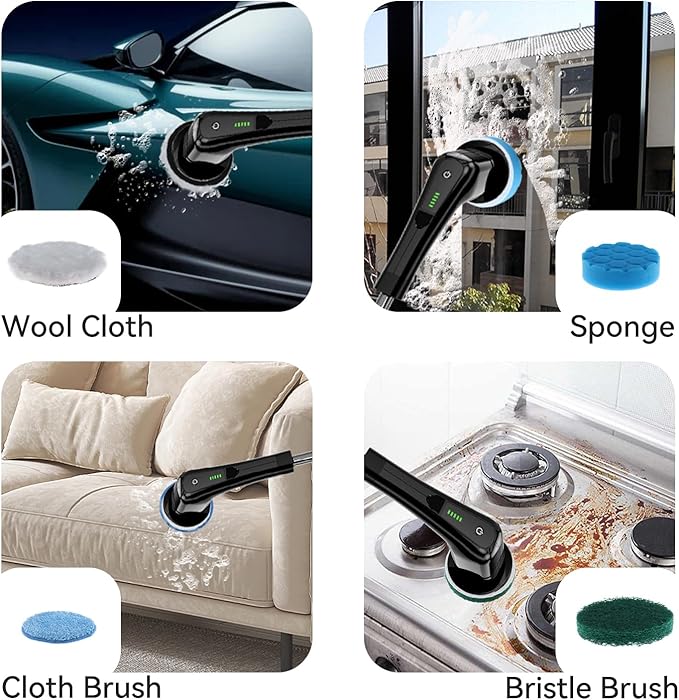 Electric Spin Scrubber,Bathroom Cleaning Brush with Long Handle 8 Replaceable Brush Heads, 2 Adjustable Speeds, Cordless Power Cleaning Brushes for Bathtub Grout Tile Floor