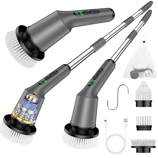 Electric Spin Scrubber for Cleaning Bathroom, Shower Scrubber Cordless Cleaning Brush with IPX7 Waterproof & 2 Speed, 3 Brush Heads, Bathroom Cleaning Supplies for Shower Tub Tile Toilet Grey