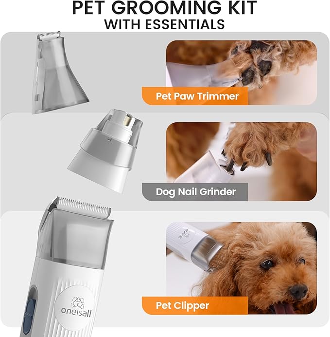 oneisall Dog Grooming Vacuum, Pet Grooming Vacuum with Clipper Nail Grinder, 1.5L Dust Cup Dog deshedding Vacuum Brush with 7 Tools for Shedding Pet Hair, Home Cleaning (Grey)