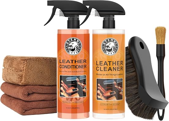Car Leather Cleaner and Conditioner Kit, Leather Care Cleaning Kit with Horse Hair Cleaning Brush - Safe for Car Interio
