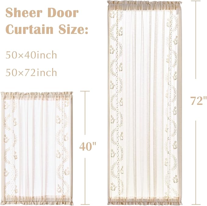jinchan Belrose French Sheer Volie Door Curtain Embroidered Farmhouse Linen Curtain for Patio Door with Tie up Bows Light Filtering for Door Window Closet Rod Pocket 40 Inches 1 Panel Beige on Beige
