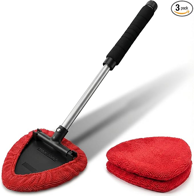 TAKAVU Windshield Window Cleaner Tool, Extendable Long-Reach Handle, Unique Pivoting Triangular Head, 3 Washable Reusable Microfiber Bonnets, Car & Home Inside Interior Exterior Use - Lint Free (Red)