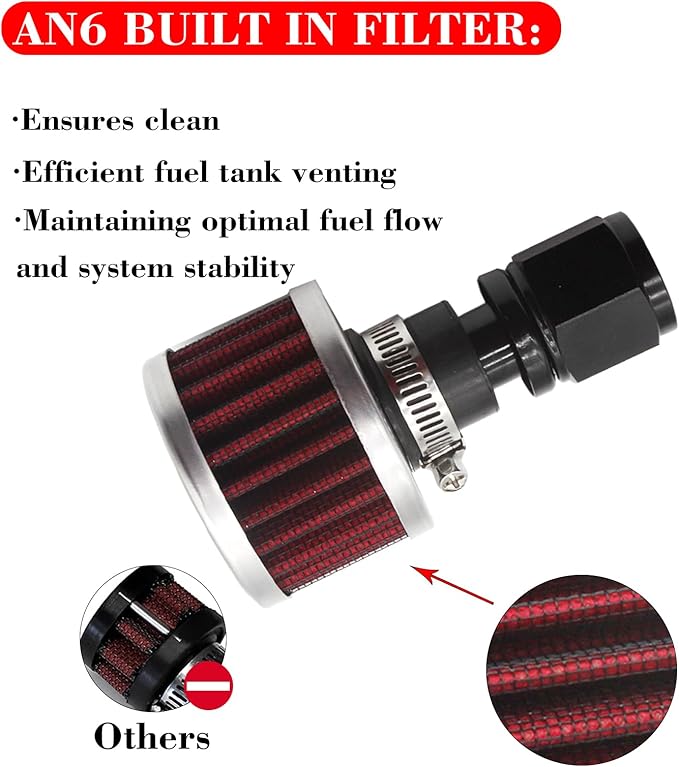 12mm Fuel Cell Breather/Vent -6 AN Female Fitting with Air Filter Rebuild Kit