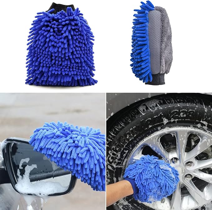 BMLEI Car Wash Brush With Long Handle, Chenille Microfiber Mop Mitt, 1 Replacement Head, Wheel Brush Extension Pole, Cleaning Kit With Towels for Cars Trucks 5PCS