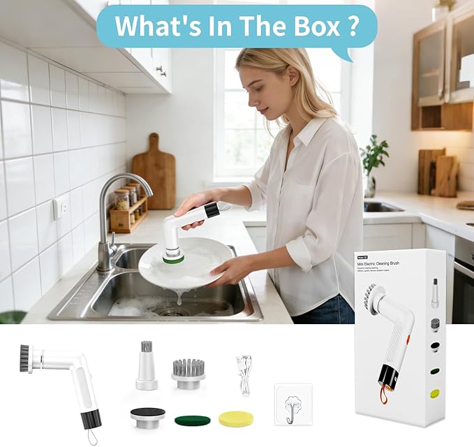 Electric Dish Scrubber, Mini Cordless Kitchen Cleaning Brush with 4 Replaceable Heads, 20W High-Torque Dual Speed, IPX7 Waterproof LED Display 90-120 Mins Runtime (ECB-S3)