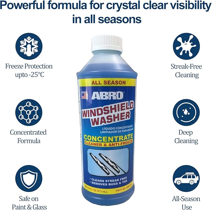 ABRO Windshield Washer Concentrate - 473ml, 2-in-1 All-Season Cleaner & Anti-Freeze, Up to -25°F (-31.5°C) Freeze Protection, Streak-Free Cleaning, Bug and Tar Removal