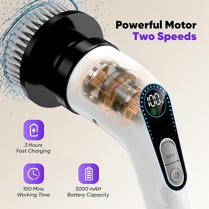 Electric Spin Scrubber Cordless – Powerful Bathroom Cleaning Brush with Long Handle, 2 Speeds, 3000mAh Rechargeable, 7 Brush Heads, Wall Hanger & Crevice Tools – Shower, Tub & Tile Cleaner