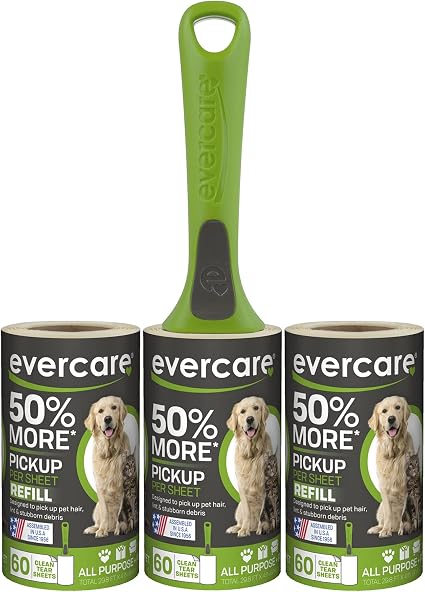 Evercare All Purpose Pet Hair Lint Roller with 2 Refills, 180 Total Sheets – Reusable Sticky Roller for Pet Hair, Cat & 
