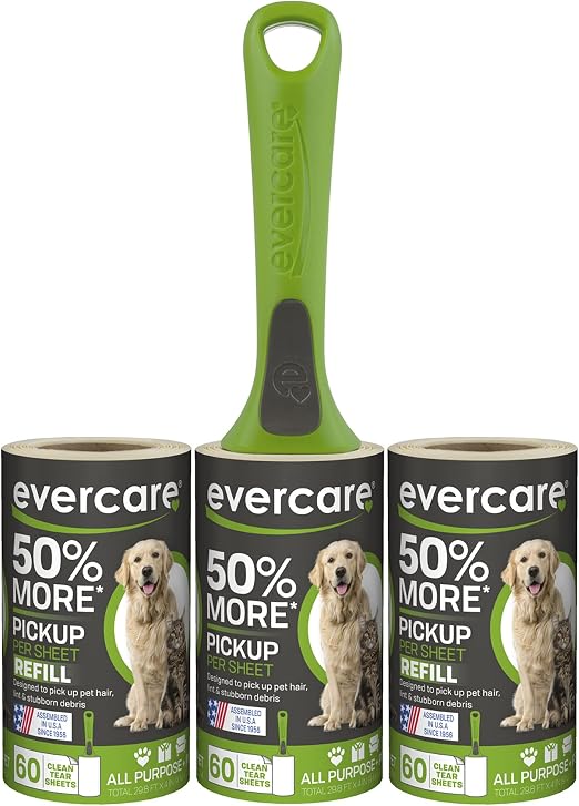 Evercare All Purpose Pet Hair Lint Roller with 2 Refills, 180 Total Sheets – Reusable Sticky Roller for Pet Hair, Cat & 