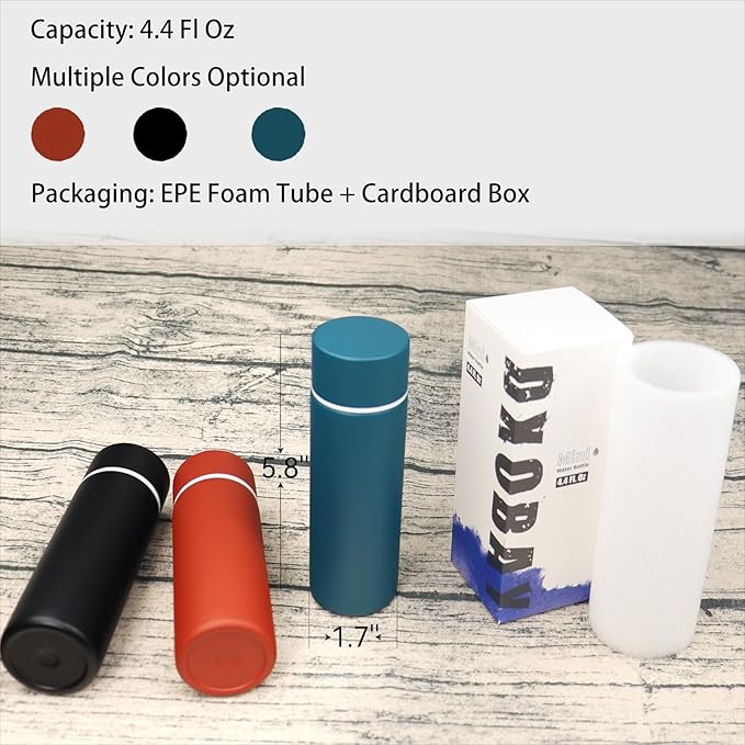 Cute Small Water Bottle, 4.4 Fl. Oz, Blue Powder Coated, Mini Slim Flask for Kids, Portable Skinny Purse Water Bottle, Vacuum Insulated Reusable Leak Proof Stainless Steel Cup