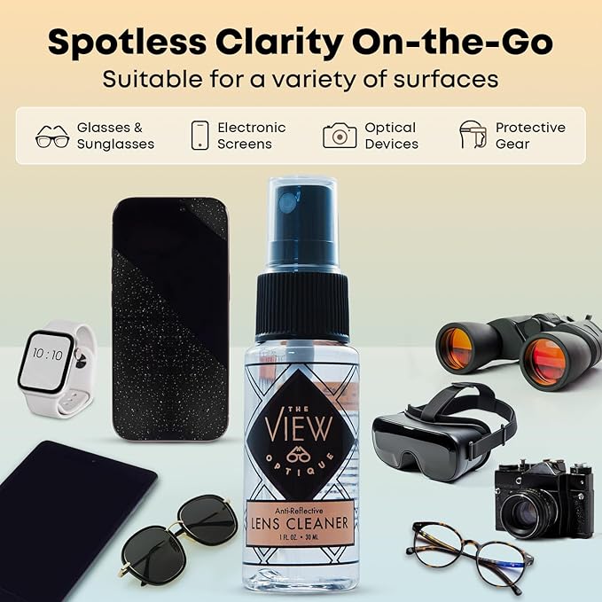 Anti-Reflective Lens Cleaner Spray Kit – (1) 8oz & (1) 1oz Glasses Cleaner Spray, (1) Microfiber Cloth for Eyeglasses, Sunglasses, Lenses, Screens & Camera Cleaning Kit (3 Piece Set)