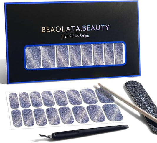 Nail Polish Strips, 32PCS Salon Quality Wraps, Long Lasting Gel Nail Stickers for Women Easy Apply& Remove (Blue Moonstone)