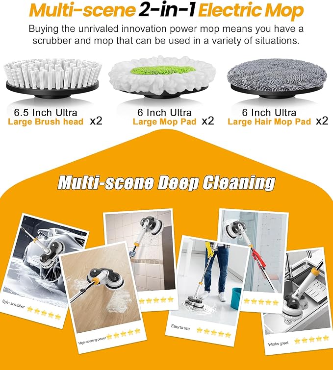 qimedo 800RPM Cordless Electric Mop, 6000mAh Battery Electric Power Scrubber & Mops for Floor Cleaning, Best Automatic Spin Mops with Smart Display,Rotating Mop with LED Light & Water Spray