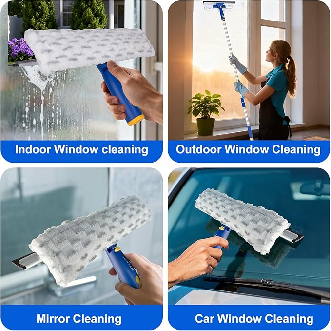 Squeegee for Window Cleaning with Extendable Pole, 53" 2-in-1 Window Cleaning Tool Kit, Shower Squeegee with Long Handle, Indoor/Outdoor High Window Cleaning-Two Pads