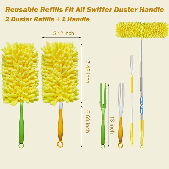 Reusable Duster for Swiffer, 360 Heavy Duty Duster Refill Compatible with Swiffer Hand Dusters for Dusting Furniture, Blinds, Ceiling Fans, Walls and More, 2 Refills +1 Handle, Yellow