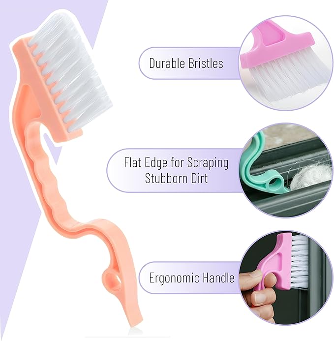 Slick- Window Track Cleaning Brush, 4 Pack, Pastel Colors Ergonomic Handle, Built-in Scraper, Multipurpose, Window Track Cleaning Tools
