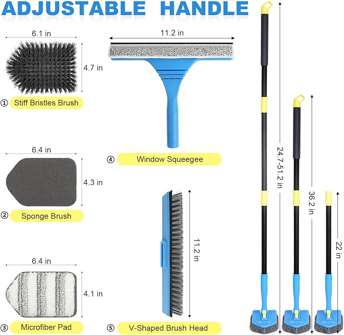 Tile Tub Scrubber Brush with 5 Different Function Cleaning Heads and 51" Extendable Long Handle Non Scratch Shower Scrubber for Cleaning Bathroom Kitchen Toilet Wall Bathtub Sink