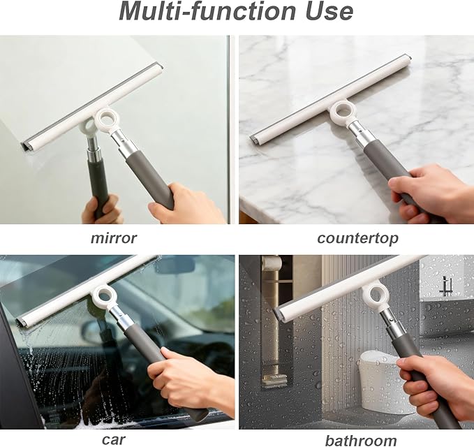 Shower Squeegee for Glass Doors, Telescopic 2-in-1 Squeegee for Window Cleaning with Microfiber Scrubber for Bathroom, Tile Wall, Car Windshield