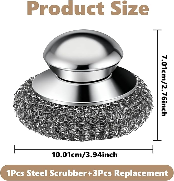 Steel Wool Scrubber, 4-Pack Stainless Steel Scrubber Pads with Handle - The Ultimate Scouring Solution for Rust, Stubborn Messes on Cookware, Grill, Oven & Kitchen Sinks