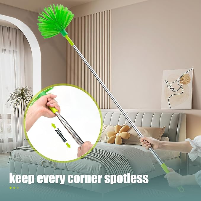 Microfiber Duster with Extension Pole 30 to 100'', Bendable Reusable Washable Feather Dusters for Cleaning High Ceiling Fan, Cobweb, Blinds, Keyboard, Furniture & Cars, Green Gift for Women (11 PCS)