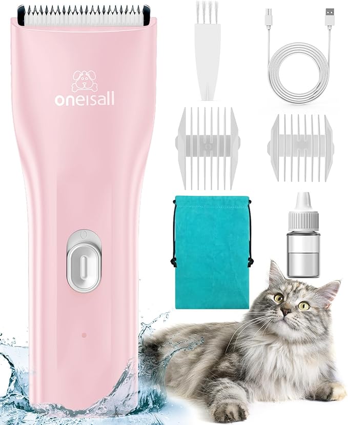 oneisall Pet Clipper for Cat Matted Hair, Pet Shaver for Cats Quiet Pet Clippers Waterproof Cordless Cat Clippers for Matted Long Hair with Storage Bag (Pink)