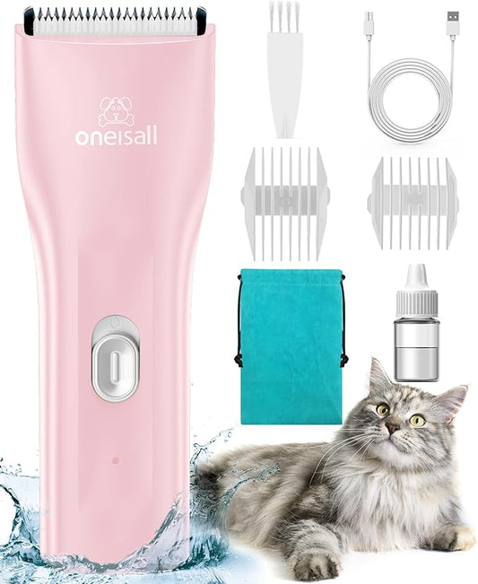 oneisall Pet Clipper for Cat Matted Hair, Pet Shaver for Cats Quiet Pet Clippers Waterproof Cordless Cat Clippers for Matted Long Hair with Storage Bag (Pink)