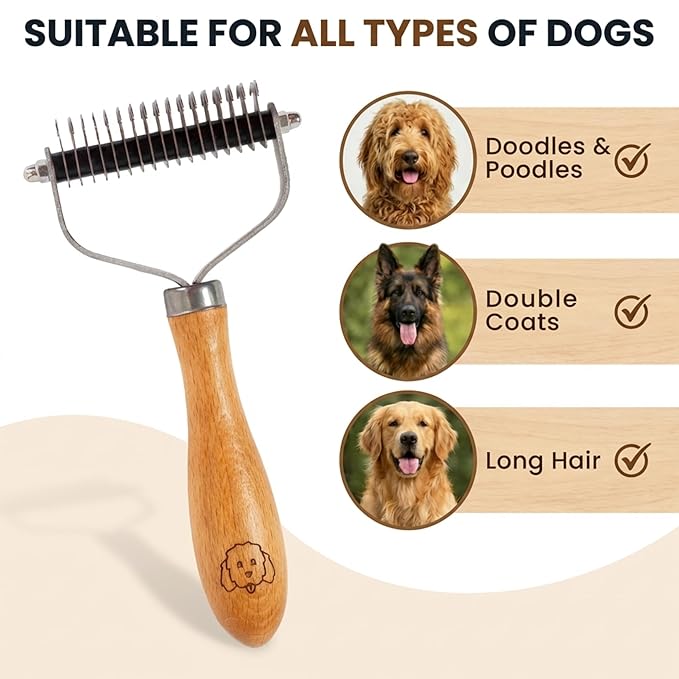 Pet Dematting Comb for Dogs and Cats with Wood Handle, Deshedding Undercoat Rake with Stainless Steel Blades, Pet Comb for Detangling Thinning and Shedding, All Hair Types [We Love Doodles]