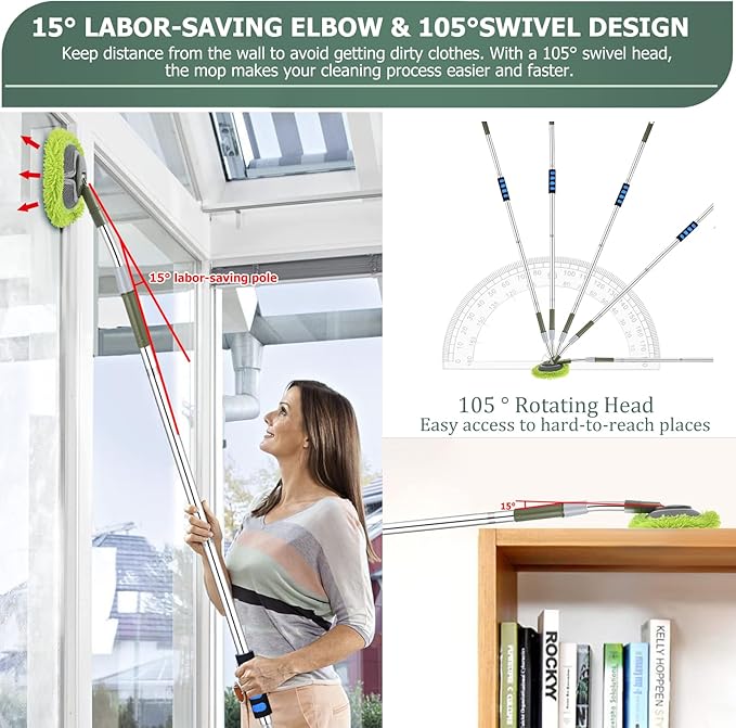 Wall Cleaner, Wall Cleaner Mop Green Mop for Walls Max 66’’ Wall Mop with Long Handle, Ceiling Dust Mop with 15°Labor-Saving Extension Pole, Green Wall Cleaner with Long Handle, Wall Washing Mop