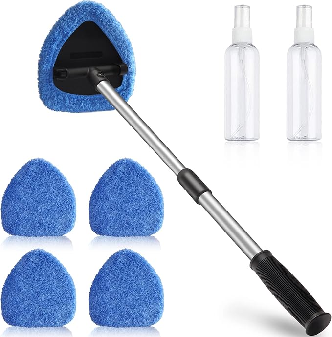 Upgraded Longer Extendable Windshield Cleaning Tool, Strong Absorbent Car Window Cleaner with 5 pcs Washable Pads and 2 pcs Spray Bottles, Multifunctional Use Windshield Cleaner Tool Kit (Blue)