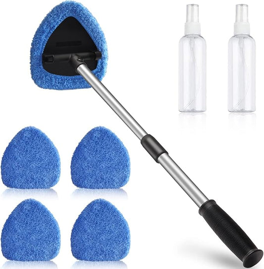 Upgraded Longer Extendable Windshield Cleaning Tool, Strong Absorbent Car Window Cleaner with 5 pcs Washable Pads and 2 pcs Spray Bottles, Multifunctional Use Windshield Cleaner Tool Kit (Blue)