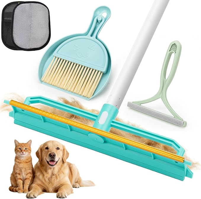 Carpet Rake for Pet Hair Removal - 5-in-1 Dual-Sided Rubber & Metal Carpet Scraper Tool with 60" Adjustable Handle, Used for Cleaning Dog and Cat Fur on Furniture, Short Pile Carpets, Rugs