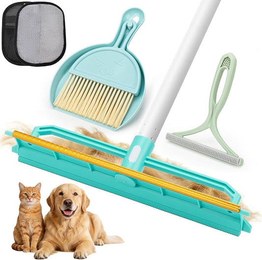 Carpet Rake for Pet Hair Removal - 5-in-1 Dual-Sided Rubber & Metal Carpet Scraper Tool with 60" Adjustable Handle, Used for Cleaning Dog and Cat Fur on Furniture, Short Pile Carpets, Rugs