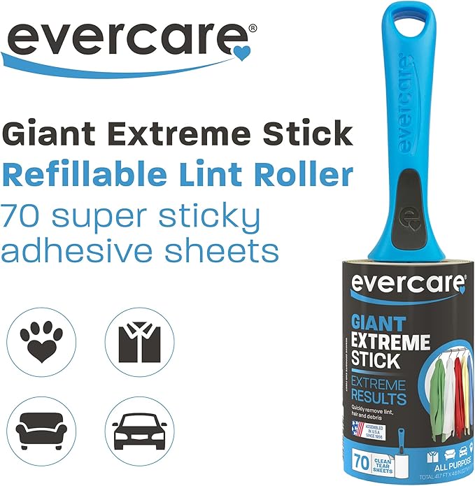 Evercare Extreme Giant Stick Lint Roller with Straight Handle Manual Lint Stick, 70 Sheets, Blue