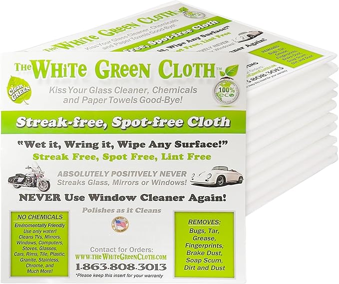 The White Green Cloth 10-Pack Reusable Cleaning Cloths for Streak-Free Windows, Mirrors & All-Purpose Cleaning – Chemical-Free, Absorbent, Non-Abrasive, 16" x 16" White Cleaning Rags, Made in The USA