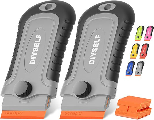 DIYSELF 2 Pcs Plastic Razor Blade Scraper with 10 Pcs Blades, Plastic Scraper Tool for Adhesive Remover, Scrapers for Cleaning Stickers, Decals, Glass, Windows, Car, No Scratches (Grey)