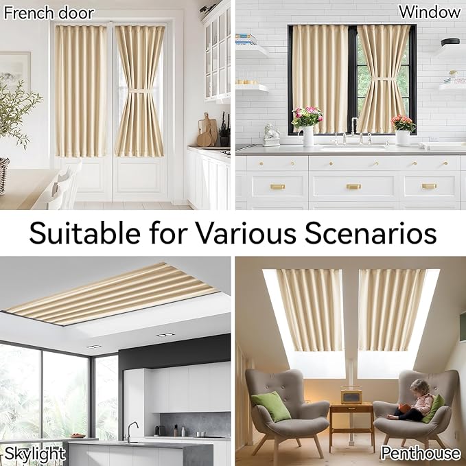 Vatge Self-Adhesive French Door Curtains - No Drill Rodless Blackout Curtain for Glass Doors, 1 Panel, W25 x L72, Beige
