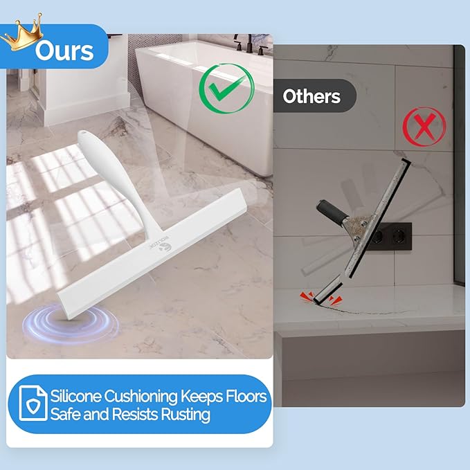 Shower Squeegee for Glass Doors, 11 Inch Ergonomics Anti-Rust Silicone Squeegee with Stainless Steel Frame for Shower Glass Door, Mirrors, Tiles and Windows Cleaning, White