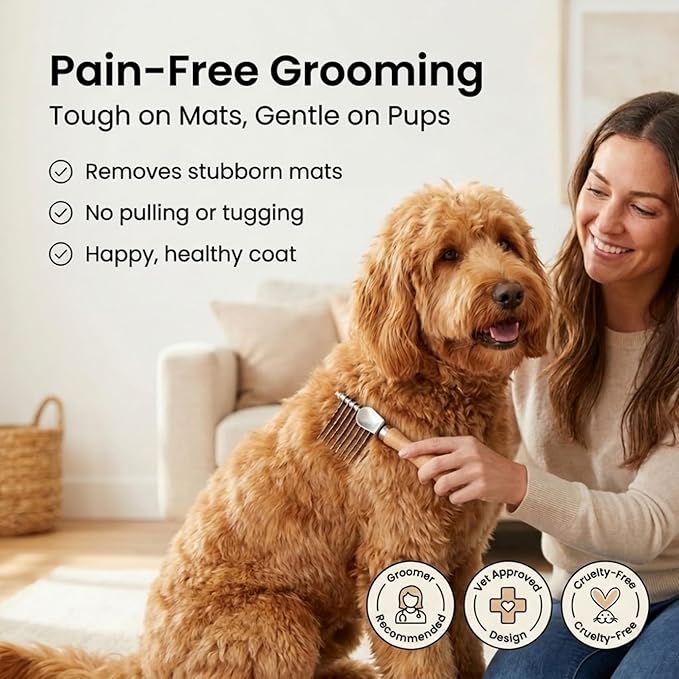 Dog Dematting Brush & Rake, Detangler Brush for Dogs, Comb Tool for Grooming, Best for Doodles, Poodles, Goldendoodles, Cats & Other Pets, Matted Fur Removal On Undercoat [We Love Doodles]