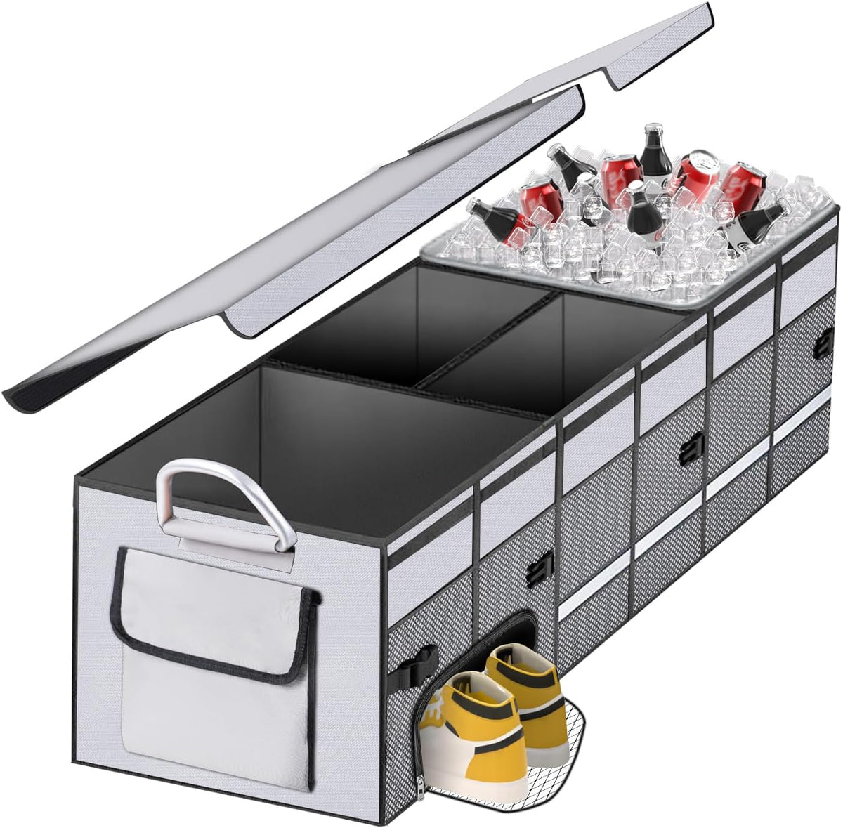 Car Trunk Organizer and Storage with Separate Compartment for 1 Pair of Shoes, Heavy Duty with Lid & Removable Leakproof Cooler Bag, Collapsible Large Trunk Organizers for SUV Sendan (Grey)