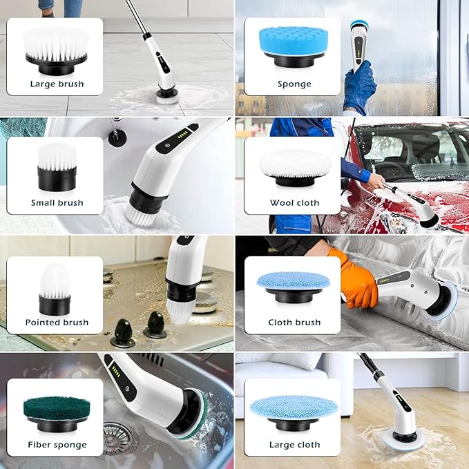 Electric Spin Scrubber, Cordless Cleaning Brush Scrubber for Home, 8 Replaceable Brush Heads, 3 Adjustable Size, 2 Speeds for Bathroom Shower Bathtub Glass Car, Gift for Holidays Birthday