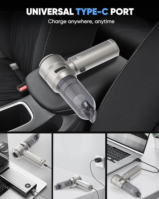 Portable Cordless Car Vacuum Cleaner, 21000Pa Handheld Vacuum with 3 Suction Modes, Type-C Fast Charging, Mini Vacuum for Home, Office, Desk, Keyboard – Bright Silver
