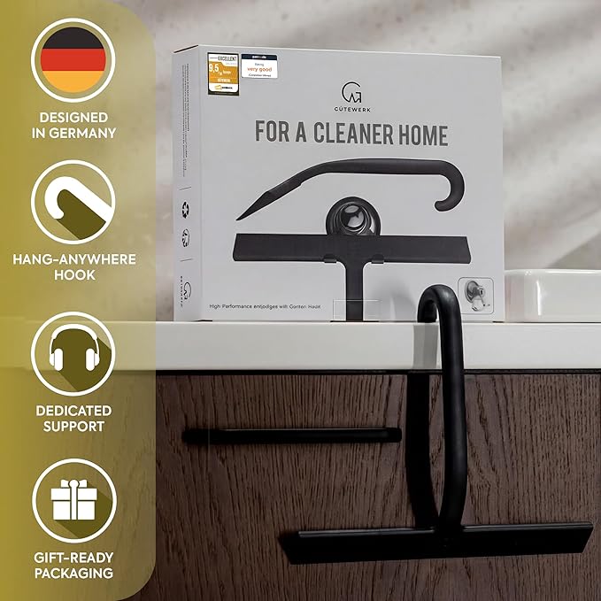 GÜTEWERK Shower Squeegee for Glass Doors – Bathroom Squeegee for Shower Glass & Tile Walls, Streak-Free & No-Squeak Silicone Blade, Stainless Steel Core, Hang Hook + Suction Cup, Black, 10 Inch