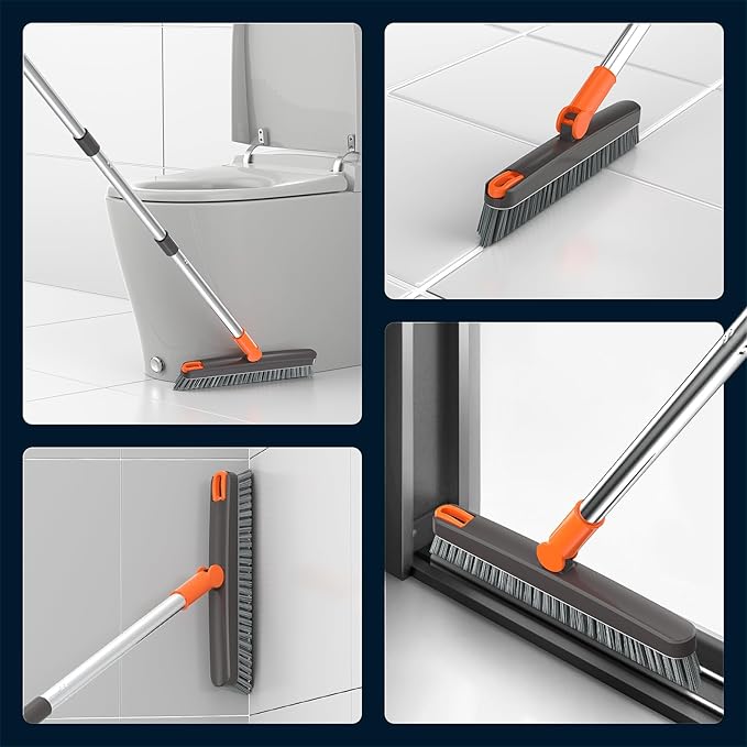 AIR U+ Grout Brush with Long Handle 180° Swivel Scrub Brush with Tweezers to Hair Clip V-Shape Grout Line Scrubber Stiff Bristles for Deep Cleaning Crevice, Tile Line, Shower, Kitchen, Corners