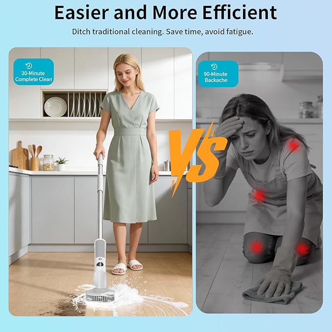 Electric Spin Scrubber, Cordless 20W High-Torque Cleaning Brush Bathroom Scrubber, IPX7 Waterproof Electric Scrubber with 6 Brush Heads, Extendable Long Handle Power Scrubber for Bathtub Floor