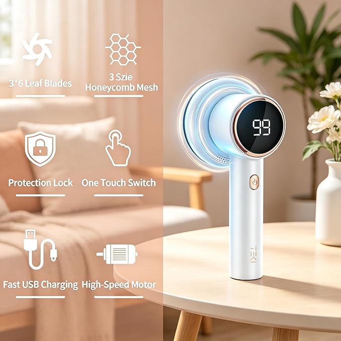 Fabric Shaver Lint Remover for Clothes with 2 Speeds, Digital Display, 6 Leaf Blades, USB Rechargeable Sweater Defuzzer to Remove Pilling Fuzz Ball for Furniture, Couch, Coat.White