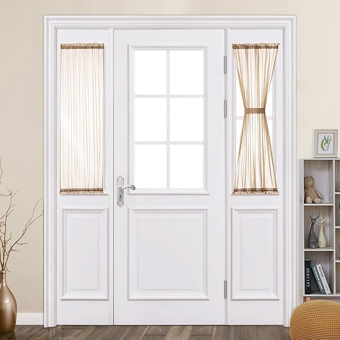 MIULEE Sidelight Semi Sheer Curtains for French Door Light Filtering Window Gauze 2 Panels 25 x 40 Inches with Tieback, Brown