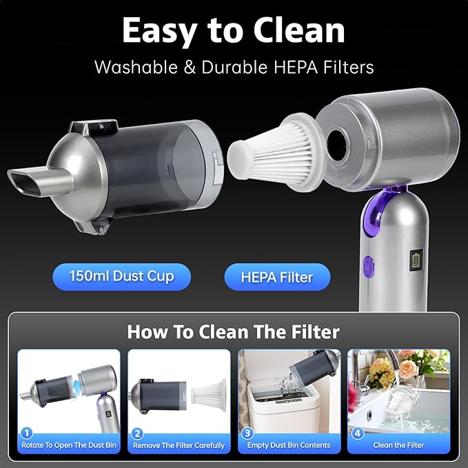 Bug Vacuum Catcher, Handheld Car Vacuum Portable Cordless, 17KPa High Power Suction, Air Duster & Inflator with Multi-Nozzles for Spider, Tent, Travel, Garden, 180° Foldable AeroVac Car Vacuum V15 Pro