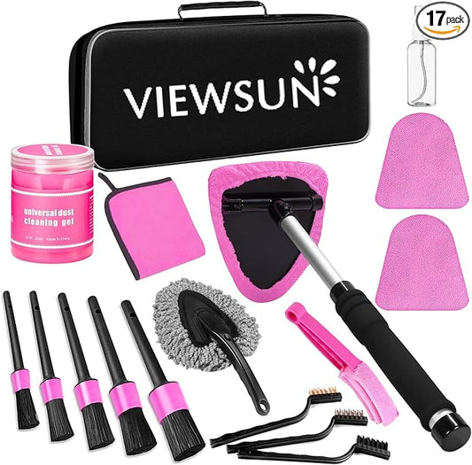 Windshield Cleaner Tool, 17Pcs Pink Car Interior Cleaning Kit, Detailing Kit Cleaner, Detailing Brush, Cleaning Gel, Inside Cleaning Supplies Accessories for Women Girl Gift