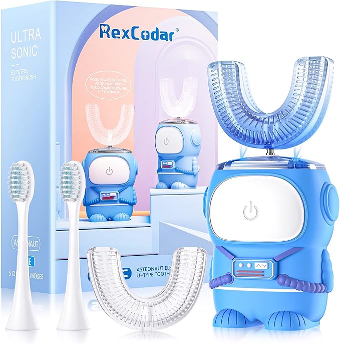 RexCodar Ultrasonic Kid's U-Shaped Electric Toothbrush, IPX7 Waterproof, Five Cleaning Modes, Cartoon Astronaut, 60S Smart Reminder (2-6 Age (Blue))