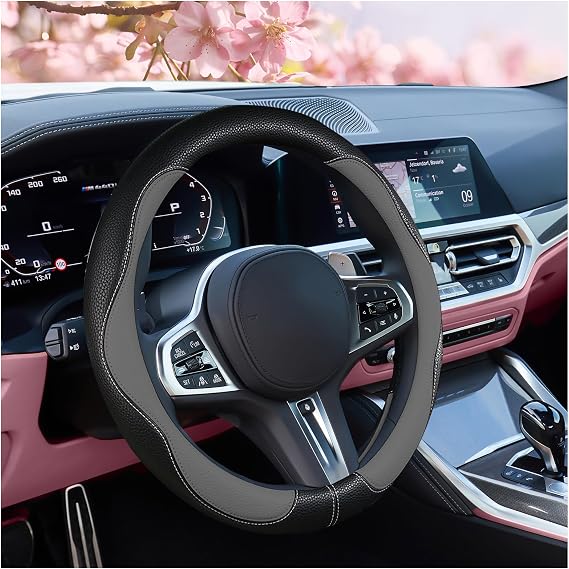 SuperKaKa Gray and Black Car Steering Wheel Cover 2025, Universal Auto PU Cute Breathable Slip-Proof Comfort Imitation L